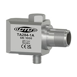 A stainless steel, standard size, top exit TA284 dual output vibration monitoring sensor engraved with the CTC Line logo, part number, serial number, and CE and UKCA certification markings.